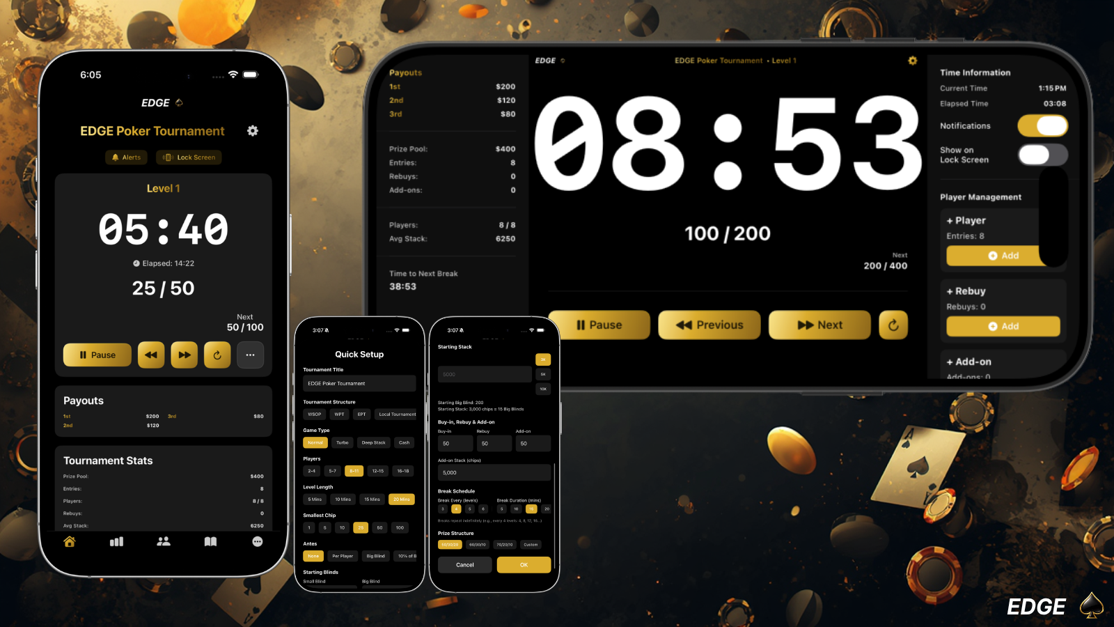 EDGE Poker tournament timer with lock screen and landscape mode